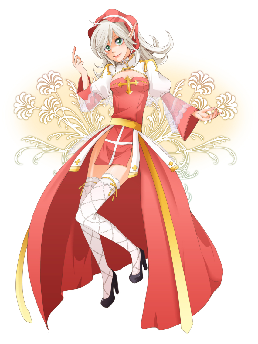 1girl arch_bishop_(ragnarok_online) black_shoes blush bonnet breasts cleavage_cutout closed_mouth clothing_cutout commentary_request cross dress fishnet_thighhighs fishnets frilled_thighhighs frills full_body green_eyes grey_hair high_heels highres juliet_sleeves long_hair long_sleeves looking_at_viewer mere_(enya) pointy_ears puffy_sleeves ragnarok_online red_bonnet red_dress sash shoes small_breasts smile solo thighhighs two-tone_dress white_background white_dress white_thighhighs yellow_sash
