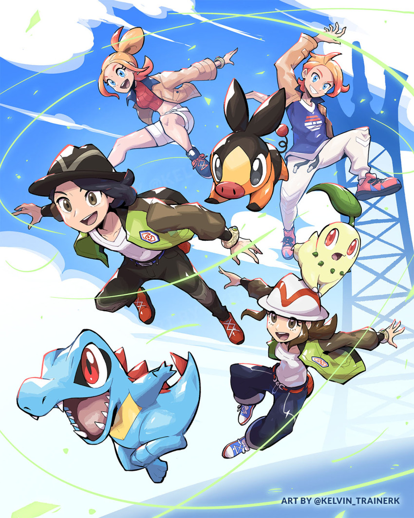 2boys 2girls :d arm_up bell-bottoms belt black_hair blonde_hair blue_eyes blue_shirt breasts brown_eyes brown_hair brown_jacket chikorita cloud crop_top cross-laced_shoes day eyelashes forehead game_freak gen_2_pokemon gen_5_pokemon gradient_hair green_jacket grey_eyes grin happy harmony_(pokemon) hat highres jacket kelvin-trainerk long_sleeves mismatched_eyebrows multicolored_hair multicolored_jacket multiple_boys multiple_girls nintendo open_clothes open_jacket open_mouth outdoors pants paxton_(pokemon) pink_eyebrows pink_hair pokemon pokemon_(creature) pokemon_legends:_z-a red_shirt red_shoes shirt shoes short_hair shorts sidelocks sky smile starter_pokemon_trio striped_hat taunie_(pokemon) teeth tepig tongue totodile turtleneck two-tone_hair two-tone_jacket upper_teeth_only urbain_(pokemon) white_hat white_shirt white_shorts