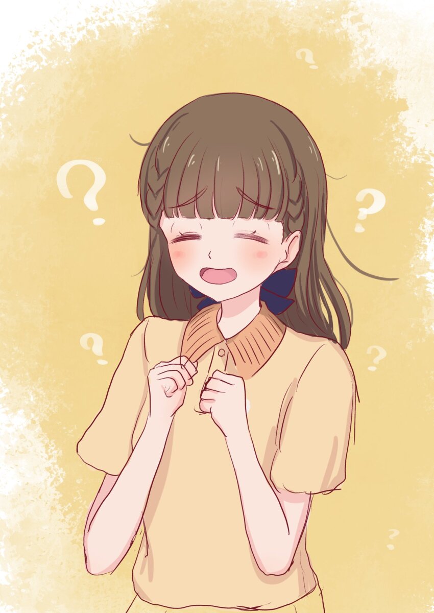 1girl =_= ? black_ribbon blunt_bangs blush braid brown_hair center-flap_bangs clenched_hands collared_shirt commentary_request confused facing_viewer hair_ribbon highres kachimachi_kosuzu kachimachi_kosuzu_(summer_training_wear) link!_like!_love_live! long_hair love_live! open_mouth polo_shirt ribbon seiha_(hnumkt) shirt short_sleeves side_ahoge side_braids smile solo straight_hair upper_body yellow_background yellow_shirt