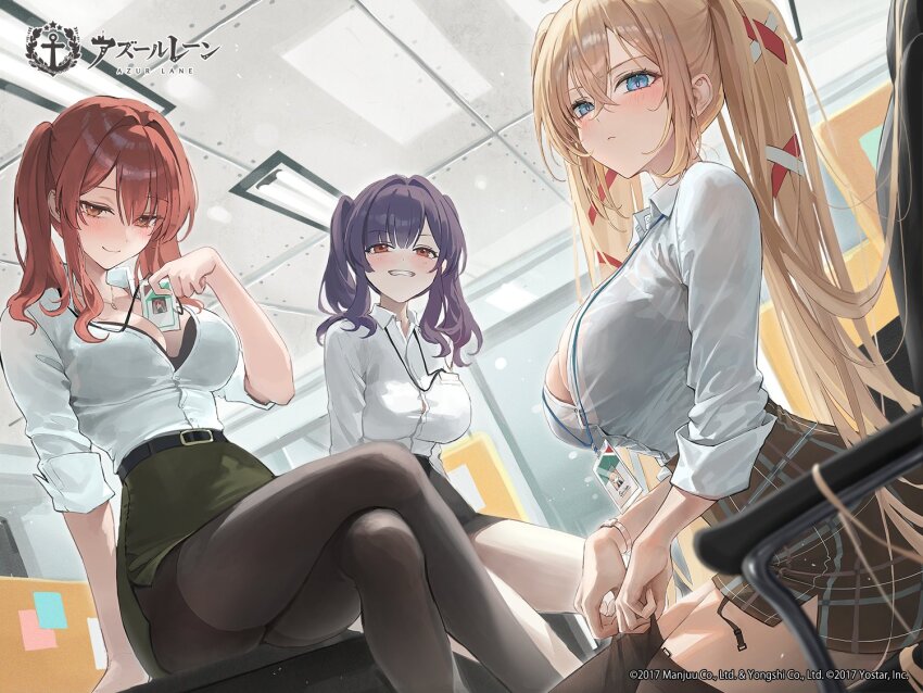 3girls alternate_costume arm_support azur_lane belt between_breasts black_belt black_bra black_skirt blonde_hair blue_eyes blush bra bra_peek bra_visible_through_clothes breasts bulletin_board button_gap ceiling ceiling_light chair cleavage closed_mouth collared_shirt commentary_request copyright_name copyright_notice crossed_bangs crossed_legs cubicle dress_shirt dutch_angle formal_clothes garter_straps gorizia_(azur_lane) gorizia_(unrequited_office_love?)_(azur_lane) grin hair_intakes hair_ornament high-waist_skirt holding_id_card id_card indoors jewelry lanyard large_breasts long_hair looking_at_viewer multiple_girls necklace office office_chair office_lady official_art pantyhose partially_unbuttoned pencil_skirt plaid_clothes plaid_skirt pola_(azur_lane) purple_eyes purple_hair red_eyes red_hair roha second-party_source see-through_clothes shirt sidelocks sitting skirt sleeves_rolled_up smile sticky_note swivel_chair thighhighs thighhighs_pull twintails underwear very_long_hair watch white_shirt window x_hair_ornament zara_(azur_lane)