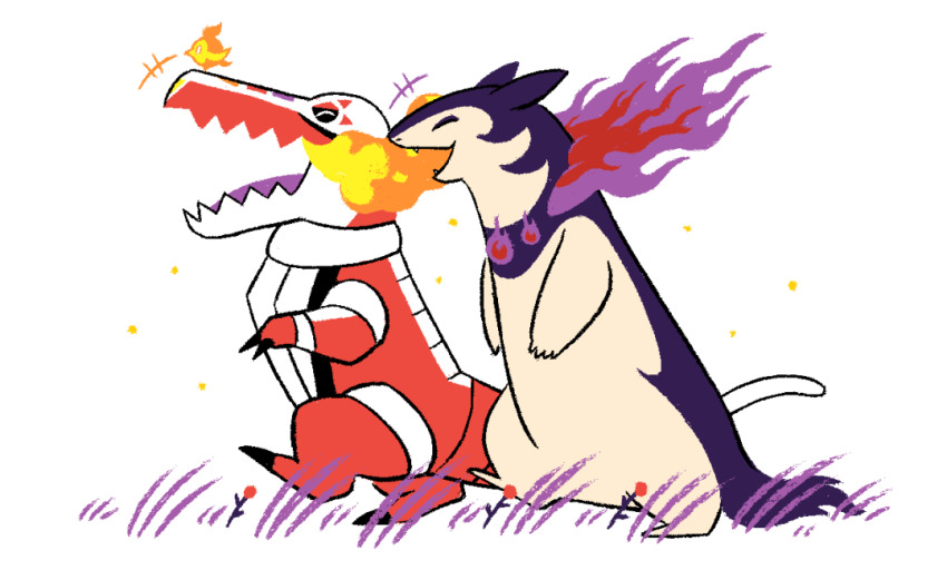 animal_focus aurorawolfa bird claws colored_skin crocodilian fangs fangs_out fire fire_bird_(skeledirge) full_body ghost grass happy hisuian_typhlosion multicolored_skin nintendo no_humans open_mouth pokemon pokemon_(creature) purple_fire red_skin simple_background skeledirge skin_fangs standing tail two-tone_skin walking white_background white_skin