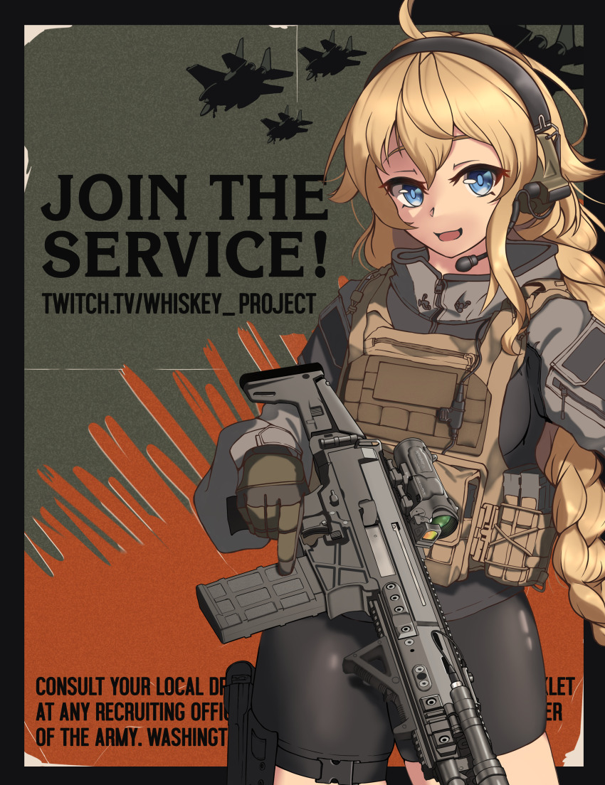 1girl absurdres ahoge aircraft airplane bike_shorts black_shorts blonde_hair blue_eyes braid bulletproof_vest ear_protection english_text f-15_eagle fighter_jet gloves gun hair_between_eyes headset highres holding holding_gun holding_weapon indie_virtual_youtuber load_bearing_vest long_hair looking_at_viewer military_vehicle open_mouth shorts smile snafu_(snafy_snu) tactical_clothes twitch_username virtual_youtuber weapon whiskey_project