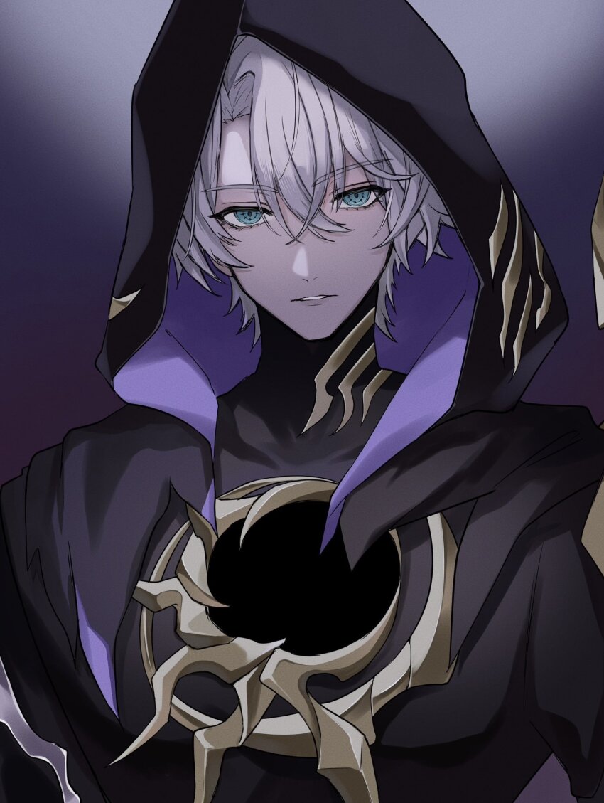 1boy black_cloak blue_eyes cloak commentary dark_persona flame_reaver_of_the_deepest_dark highres honkai:_star_rail honkai_(series) hood hood_up hooded_cloak hoshino_57 looking_at_viewer male_focus parted_bangs parted_lips phainon_(honkai:_star_rail) short_hair solo upper_body white_hair
