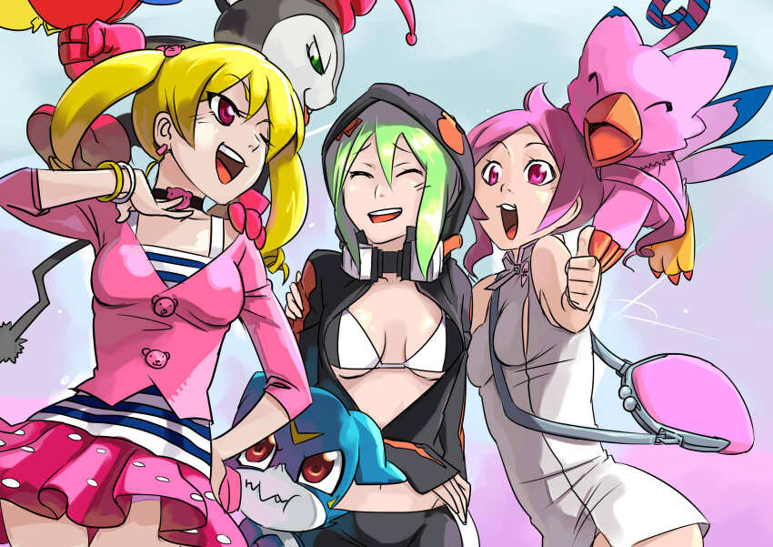 absurdres bikini bikini_top_only blonde_hair blush breasts digimon digimon_world_re:digitize digimon_xros_wars digimon_xros_wars:_toki_wo_kakeru_shounen_hunter-tachi goggles goggles_around_neck hair_ornament hairpin highres hood hoodie long_hair opossummon pink_eyes pink_hair piyomon rindou_akiho shinomiya_rina short_hair suzaki_airu swimsuit twintails v-mon