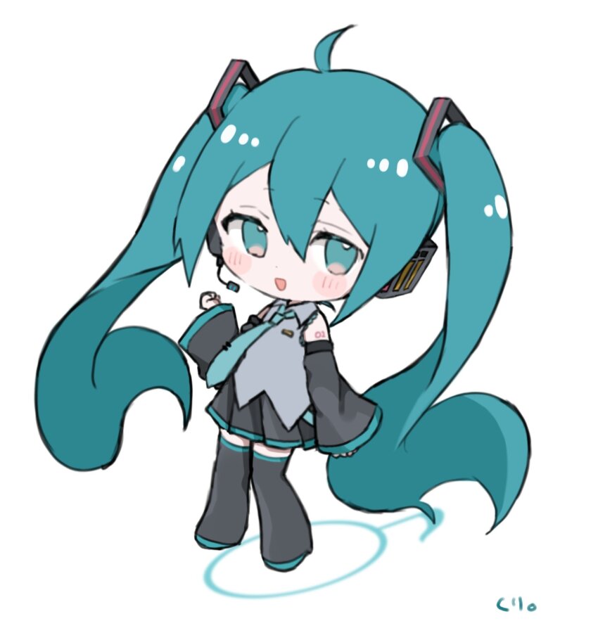 1girl :d ahoge aqua_eyes aqua_hair aqua_necktie black_skirt blush chibi detached_sleeves grey_shirt hair_between_eyes hair_ornament hatsune_miku headphones highres long_hair maro_maro_3939 necktie open_mouth pleated_skirt shirt shoulder_tattoo skirt sleeveless smile solo tattoo twintails very_long_hair vocaloid white_background