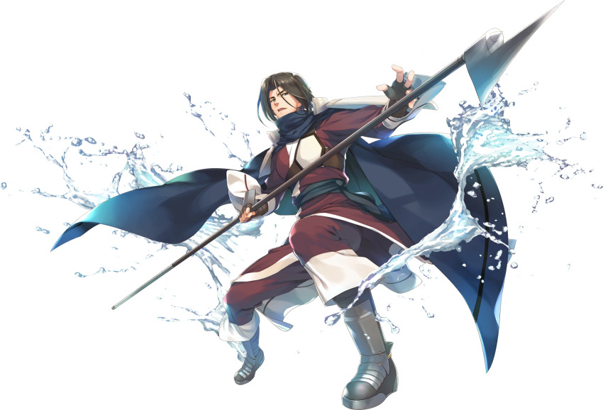 1boy amazuyu_tatsuki aquaplus armor armored_boots benawi boots brown_hair coat full_body gauntlets greaves green_eyes highres holding holding_polearm holding_spear holding_weapon looking_to_the_side male_focus medium_hair official_art open_mouth polearm scarf serious solo spear transparent_background utawarerumono utawarerumono:_lost_flag water weapon