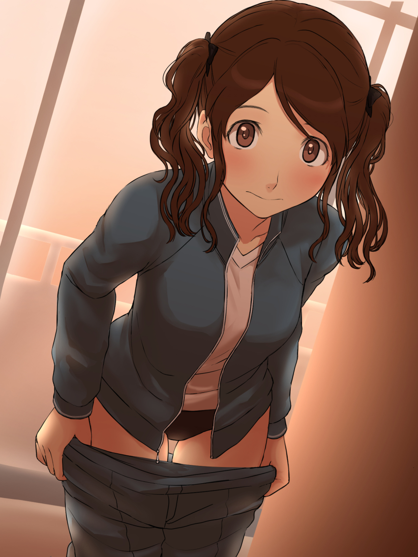 1girl amagami black_ribbon blue_buruma blue_jacket blue_pants blush brown_eyes brown_hair buruma closed_mouth clothes_pull hair_ribbon highres indoors jacket leaning_forward looking_at_viewer medium_hair nakata_sae pants pants_pull pulling_own_clothes ribbon shirt solo standing takenoko_saba_otto thigh_gap track_jacket track_pants twintails white_shirt wide-eyed window