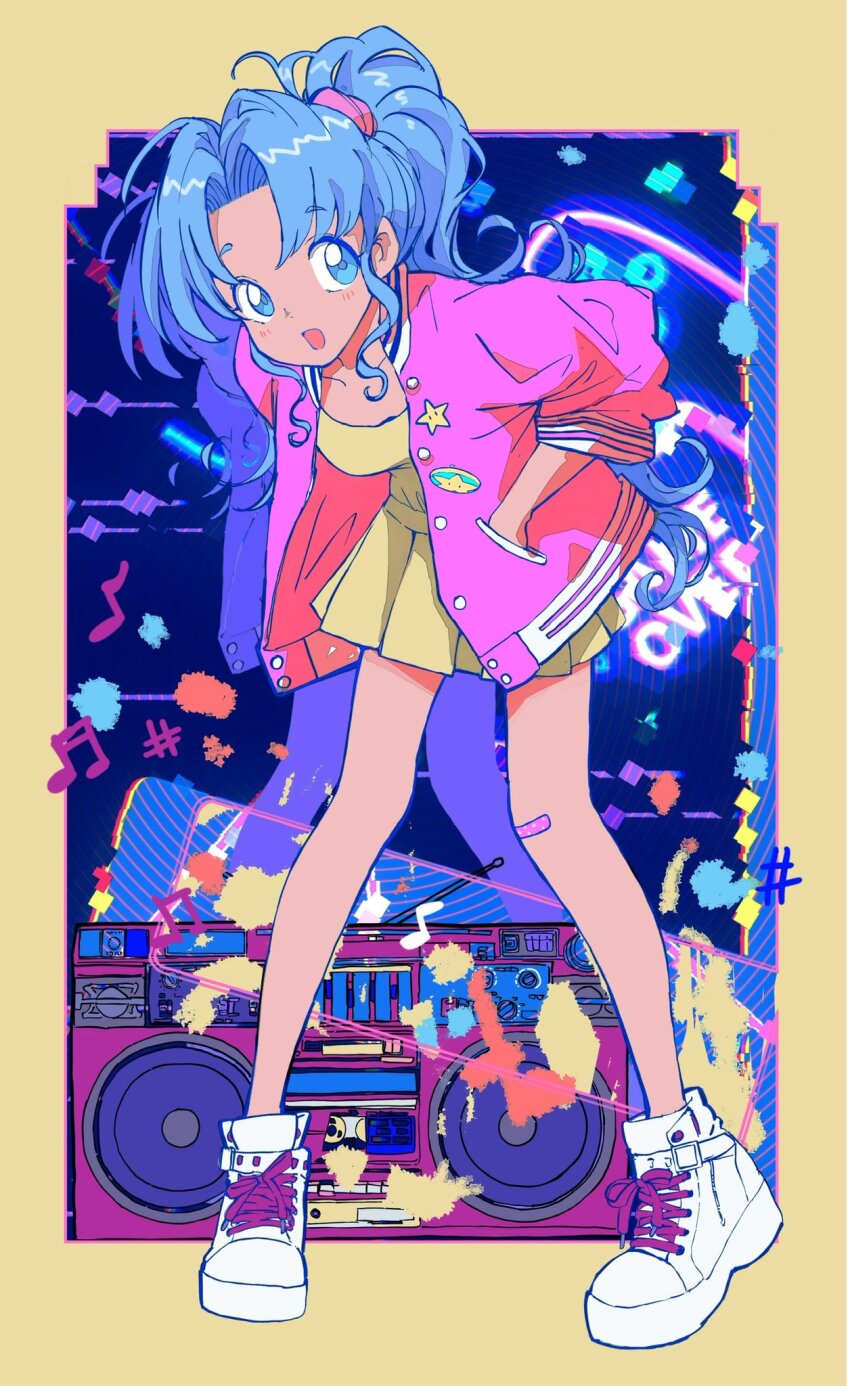 1girl blue_eyes blue_hair boombox botan_(yu_yu_hakusho) english_text full_body highres jacket kajino_(aosansai) long_hair looking_at_viewer open_mouth ponytail shoes skirt smile sneakers solo yuu_yuu_hakusho