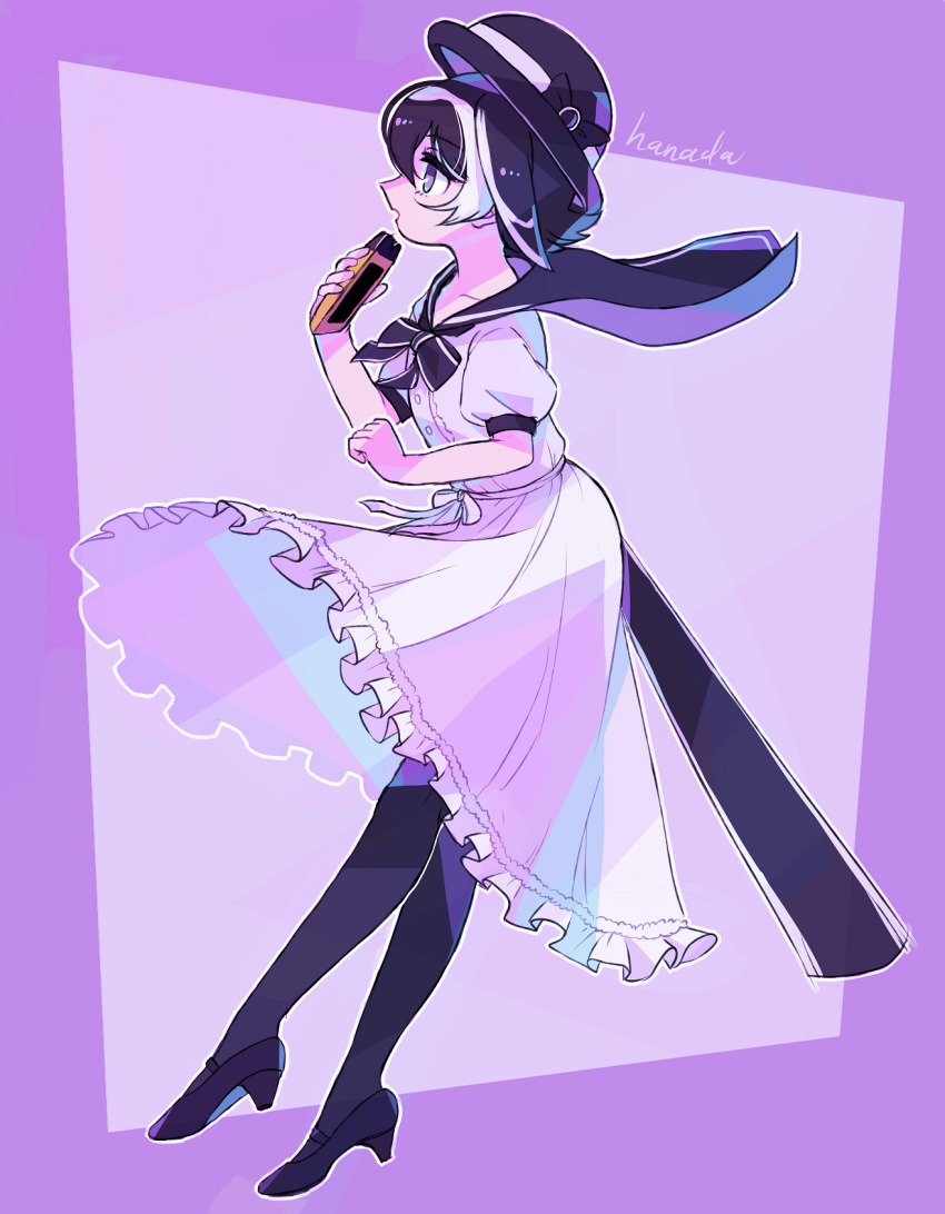 1girl bird_girl bird_tail bird_wings black_bow black_bowtie black_hair black_pantyhose blush borrowed_character bow bowler_hat bowtie cellphone dress frilled_dress frills hanada_(cobalt003) hat head_wings high_heels highres japanese_wagtail_(kemono_friends)_(kitsunetsuki_itsuki) kemono_friends original pantyhose phone pleated_dress puffy_short_sleeves puffy_sleeves purple_eyes sailor_collar sailor_dress short_hair short_sleeves smartphone solo tail white_dress white_hair wings