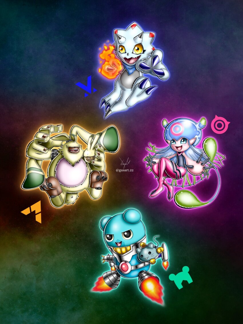 angoramon belt circle digimon digimon_(creature) espimon fire floating flying gammamon gusart highres horns jellyfish_girl jellymon monster_girl scarf tail tentacle_hair tentacles triceratops