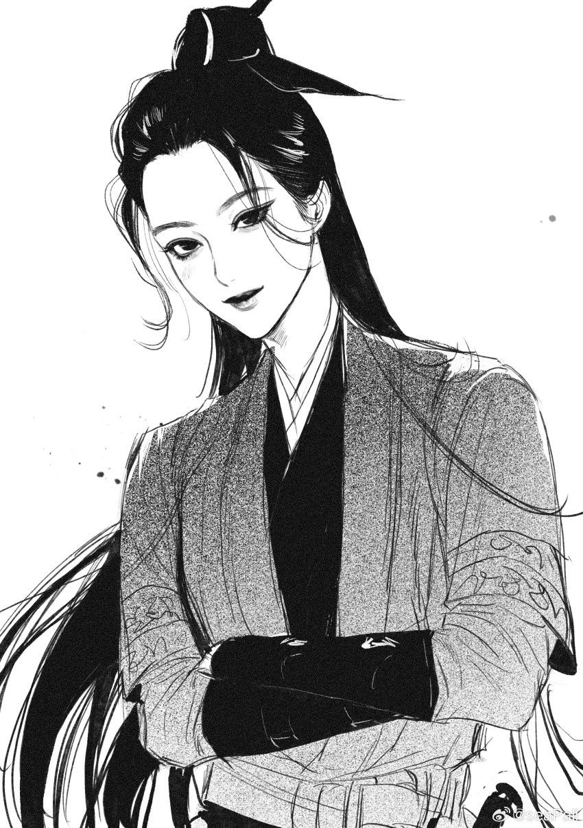 1boy absurdres arm_belt bracer character_request chinese_clothes chinese_commentary commentary_request copyright_request crossed_arms eyelashes forehead greyscale hair_bun hair_ornament hairpin hanfu highres layered_sleeves lips long_hair long_sleeves looking_at_viewer male_focus monochrome parted_lips robe seapall short_over_long_sleeves short_sleeves simple_background single_hair_bun smile solo straight_hair thick_eyebrows topknot upper_body very_long_hair white_background