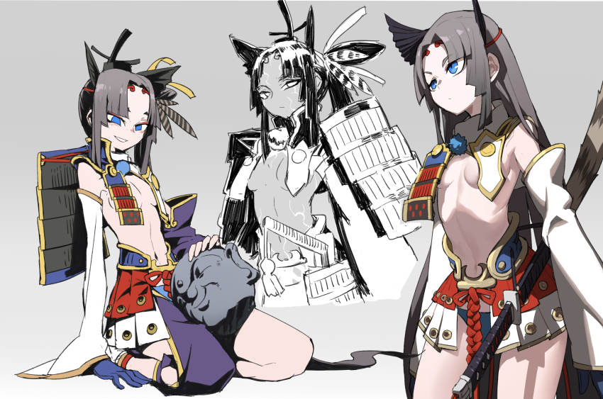 1girl absurdres armor black_hair blue_eyes blue_panties breasts circlet dark_persona detached_sleeves eyeliner fate/grand_order fate_(series) gloves grin hair_ornament hat highres japanese_armor katana kneehighs kusazuri lamian_(pixiv415608) long_hair looking_at_viewer makeup navel panties revealing_clothes sheath sheathed side_ponytail single_glove sitting small_breasts smile socks sword underwear ushiwakamaru_(corrupted)_(fate) ushiwakamaru_(fate) wariza weapon white_socks