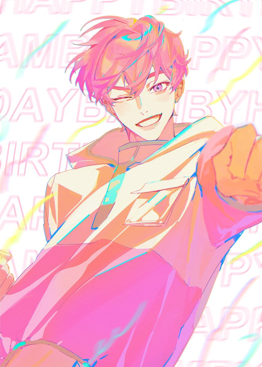 1boy absurdres bamby_(plave) birthday clenched_teeth english_text hair_between_eyes high_collar highres k-pop looking_at_viewer nakddidi one_eye_closed open_mouth pink_eyes pink_hair plave short_hair smile solo teeth white_background