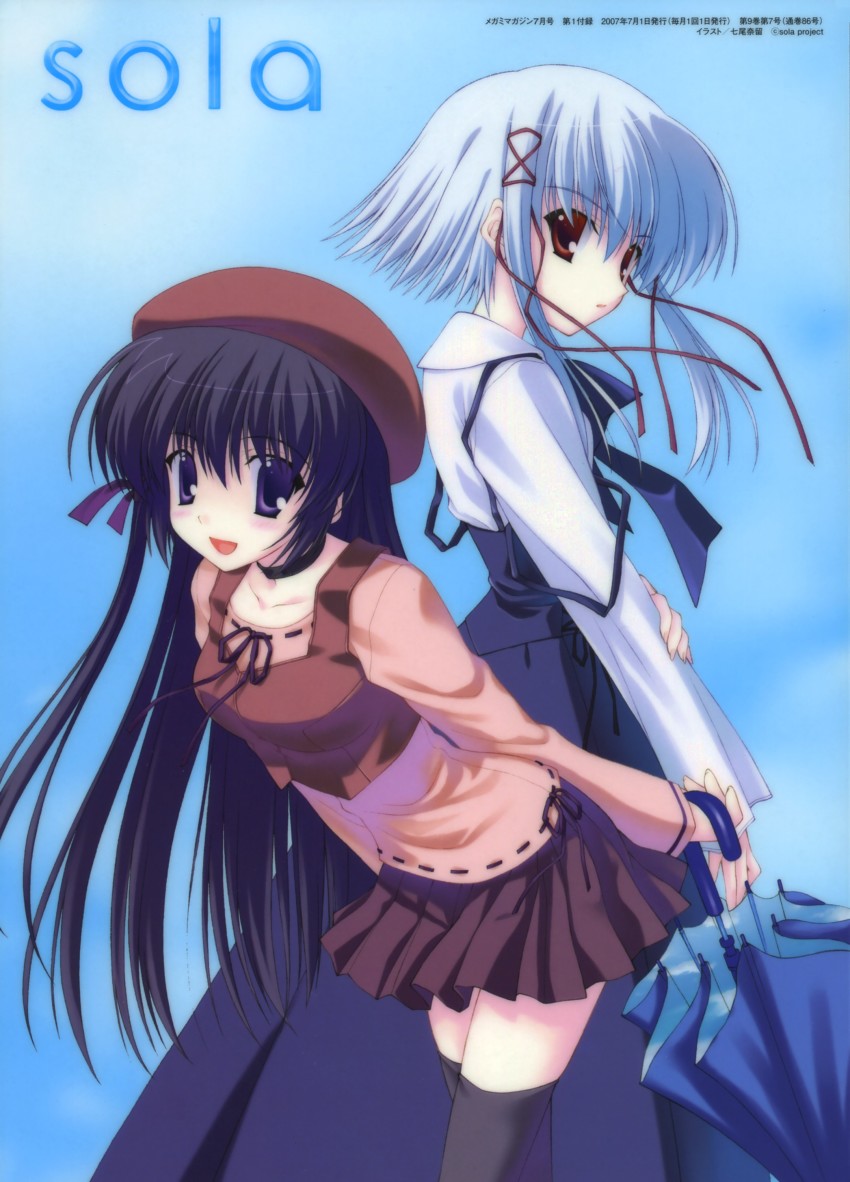 2000s_(style) 2girls absurdres beret black_hair black_legwear blue_background color_issue copyright_name hat highres magazine_scan megami_magazine morimiya_aono multiple_girls nanao_naru official_art scan shihou_matsuri simple_background sola thighhighs white_hair zettai_ryouiki