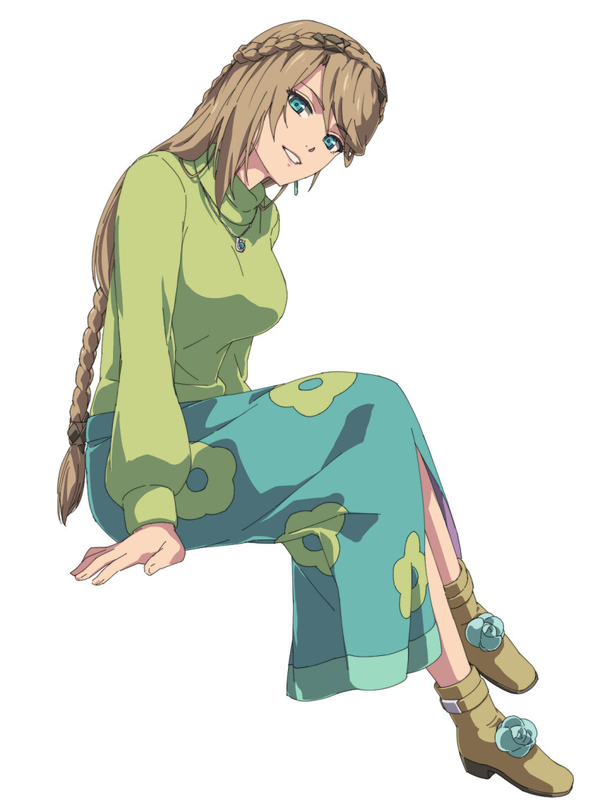 1girl blue_eyes braid breasts brown_hair chiharu_(9654784) crown_braid earrings eiyuu_densetsu elaine_auclair flower footwear_flower green_eyes hair_between_eyes head_tilt highres jewelry kai_no_kiseki kuro_no_kiseki_(series) large_breasts long_hair looking_at_viewer parted_bangs pendant shoes simple_background sitting smile solo sweater swept_bangs white_background