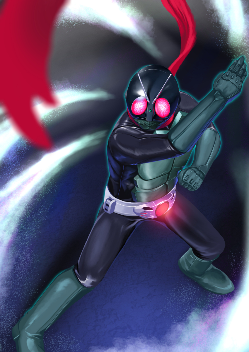 1boy absurdres antennae arm_up armor armored_bodysuit bad_tag belt black_background black_bodysuit blue_background bodysuit boots breastplate bug clenched_hand commentary compound_eyes from_above gloves glowing glowing_eyes gradient_background grasshopper green_armor green_boots green_gloves green_helmet helmet highres insect kamen_rider kamen_rider_1 kamen_rider_1_(shin) legs_apart light_particles looking_ahead male_focus mask mefi_ra_es muscular muscular_male red_eyes red_scarf rider_belt scarf shin_kamen_rider solo standing tokusatsu two-tone_background typhoon_(kamen_rider) wind
