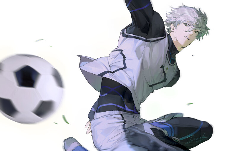 1boy absurdres ball black_eyes blue_lock blue_lock_bodysuit cleats dongzak_o0 hair_between_eyes highres male_focus motion_blur nagi_seishirou short_hair simple_background soccer soccer_ball soccer_uniform solo sportswear sweat teeth toned toned_male white_background white_hair