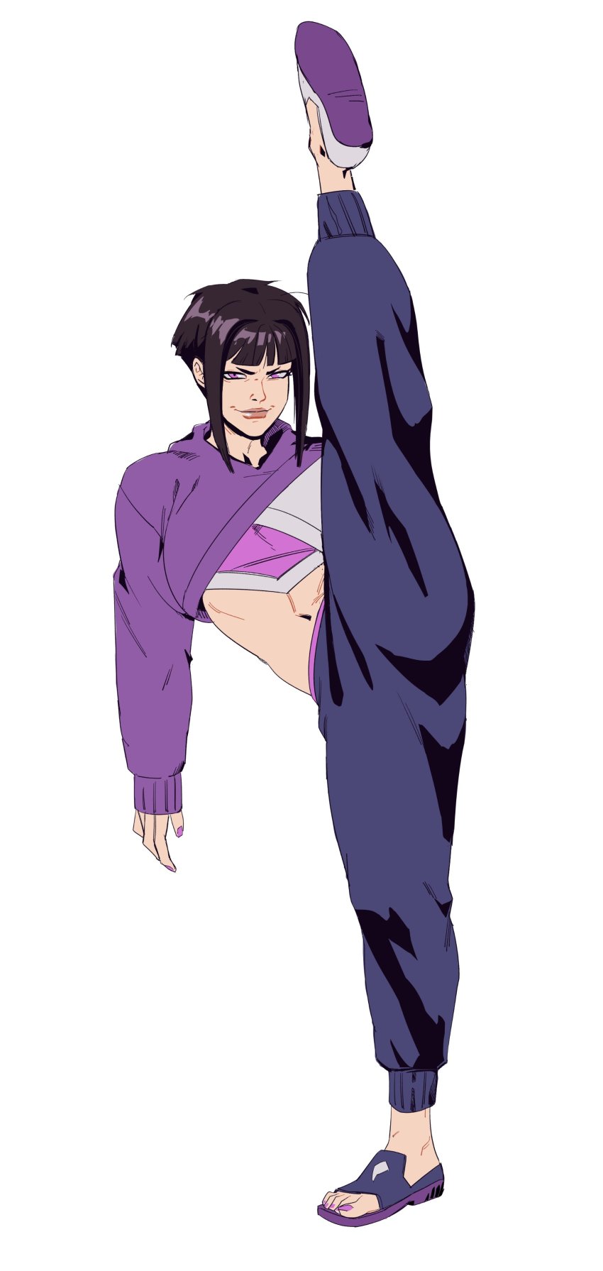 1girl absurdres black_hair cropped_hoodie diepod edie_crop_hoodie fashion fila flip-flops han_juri highres hood hoodie meme_attire nail_polish pants purple_eyes sandals solo split standing standing_on_one_leg standing_split sweatpants toeless_legwear toenail_polish toenails white_background
