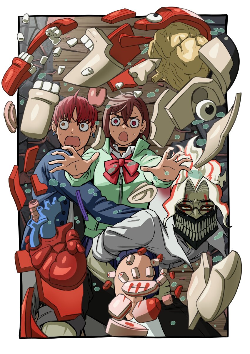 1girl 2boys absurdres alternate_form anatomical_model ayase_momo black_choker black_pants blue_jacket blue_skirt border bow bowtie brown_eyes brown_hair choker collared_shirt colored_skin crossed_bangs dandadan earrings enjouji_jin facial_mark feet_out_of_frame floating_earrings glasses grabbing_another&#039;s_thighs green_hoodie grey_skin hair_behind_ear hair_between_eyes highres holding_another&#039;s_leg hood hood_down hoodie hug jacket jewelry kneehighs long_sleeves loose_bowtie mask medium_hair miniskirt mouth_mask multiple_boys nairdags open_hands open_mouth outside_border outstretched_arms pants pleated_skirt red_bow red_bowtie red_hair round_eyewear school_uniform shirt short_hair skirt sleeves_rolled_up socks sweat sweatdrop takakura_ken_(dandadan) takakura_ken_(transformed)_(dandadan) taro_(dandadan) transformation white_border white_hair white_shirt white_socks