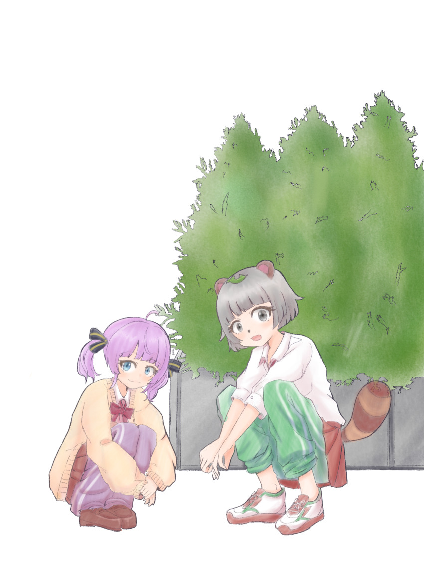 2girls animal_ears blue_eyes blush child grey_hair highres looking_at_viewer mochi_hiyoko mochipro mode_aim multiple_girls ponpoko_(vtuber) purple_hair rokusuke_(6suke_ver_6) smile tail virtual_youtuber