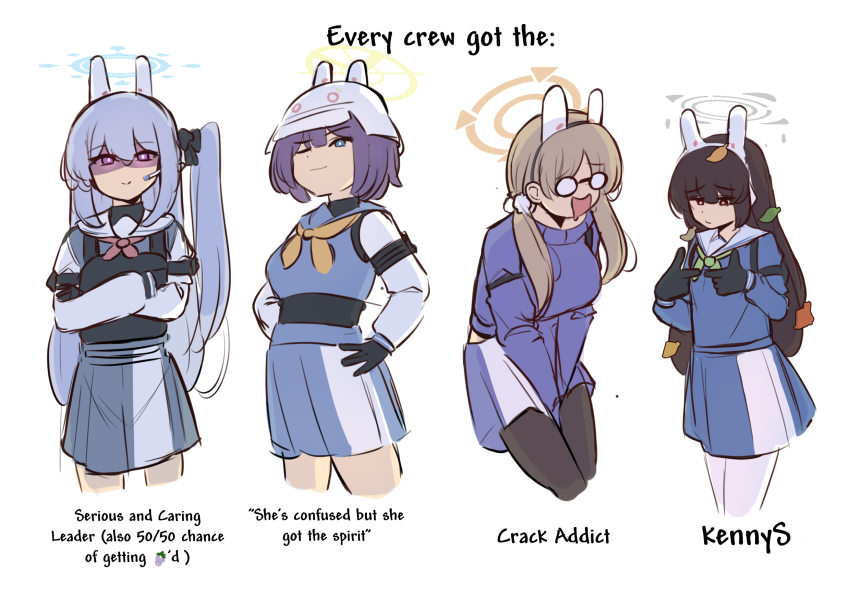 1girl 4girls animal_ears black_hair blue_archive blue_eyes blue_halo breasts brown_hair english_text fake_animal_ears glasses grey_hair halo highres iog626 leaf leaf_on_head long_hair long_sleeves looking_at_viewer miyako_(blue_archive) miyu_(blue_archive) moe_(blue_archive) multiple_girls pantyhose purple_eyes purple_hair rabbit_ears round_eyewear saki_(blue_archive) school_uniform serafuku shaded_face short_hair twintails