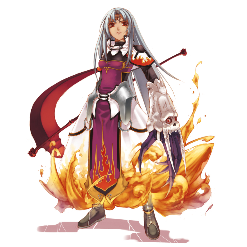 1girl armor armored_dress boots claws dress elf facial_mark female_focus fire forehead_mark full_body highres hirano_katsuyuki hiro_(spectral_force) holding_behind_back holding_polearm holding_polearm_behind_back holding_weapon holding_weapon_behind_back long_hair pointy_ears polearm red_eyes scythe serious silver_hair solo spectral_(series) spectral_force spectral_souls tabard weapon white_background