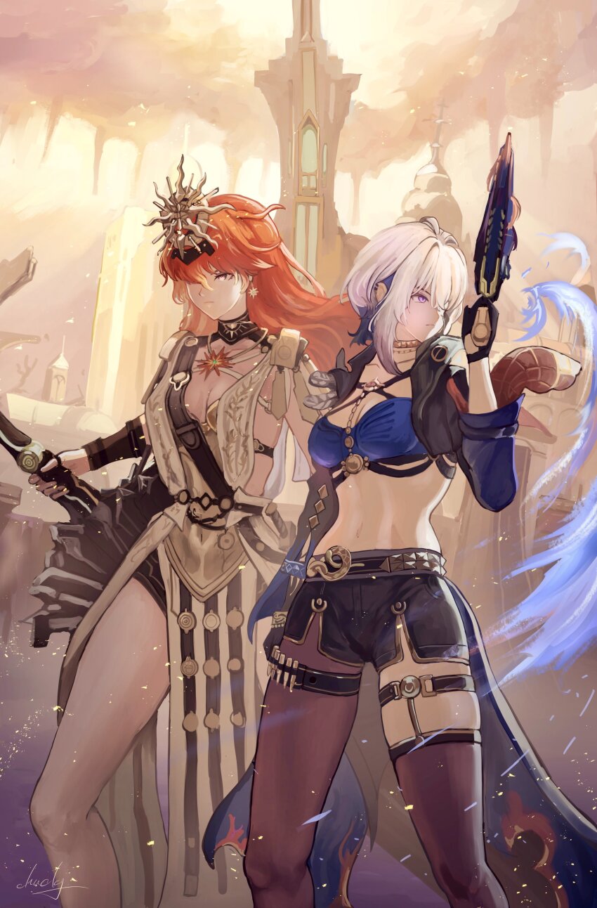 2girls absurdres ancient_greek_clothes armor augusta_(wuthering_waves) black_gloves black_jacket black_pantyhose black_shorts black_thighhighs blue_bra bra breastplate breasts chucky_(chucky1000sun) cleavage closed_mouth commentary_request cropped_jacket dress earrings galbrena_(wuthering_waves) gloves gold_choker greatsword greco-roman_clothes grey_hair gun hand_up headgear highres holding holding_gun holding_sword holding_weapon jacket jewelry medium_breasts medium_hair multiple_girls navel orange_hair orange_sky outdoors pantyhose purple_eyes red_eyes shorts sidelocks single_glove single_leg_pantyhose single_thighhigh sky stomach sun_earrings sun_necklace sword thigh_strap thighhighs thighs underwear weapon white_dress wuthering_waves