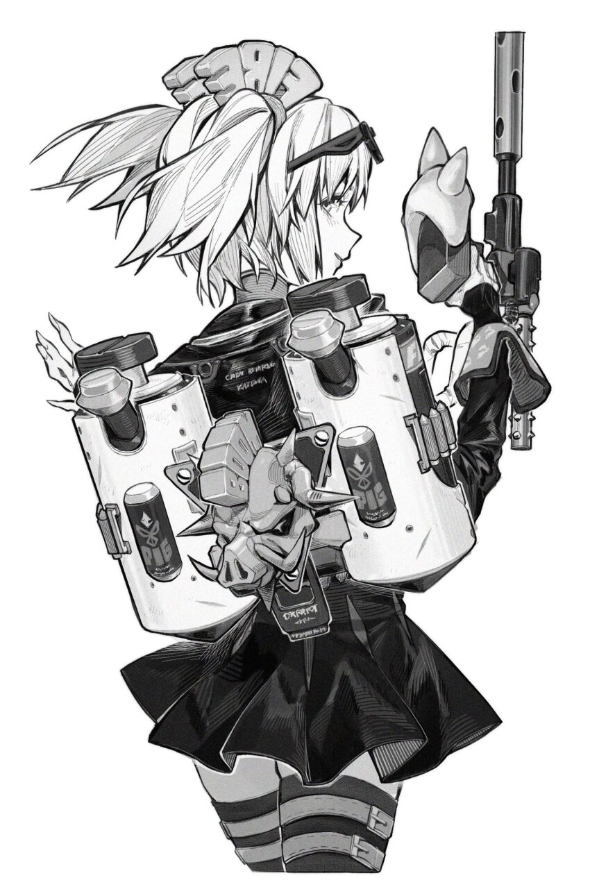 1girl burnice_white closed_mouth cowboy_shot eyewear_on_head fingerless_gloves flamethrower from_behind gloves greyscale hair_between_eyes highres long_hair monochrome sidelocks simple_background skirt smile solo sunglasses weapon white_background zenless_zone_zero zero808w
