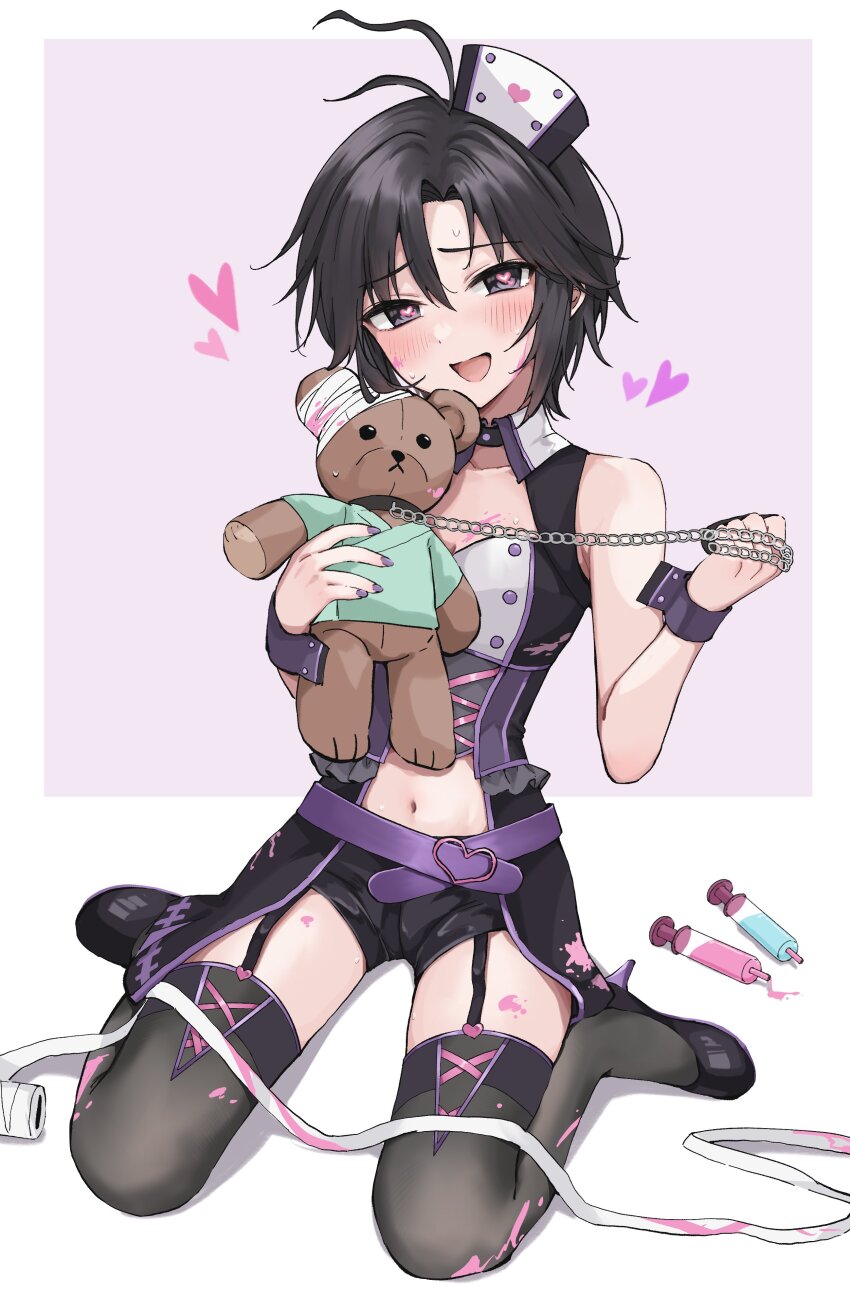 1girl absurdres aburi-gatana antenna_hair belt black_eyes black_hair black_shoes black_shorts black_thighhighs blush chain clothing_cutout concept_take_care_(idolmaster) full_body garter_straps hat heart heart-shaped_pupils highres holding holding_chain holding_stuffed_toy holding_teddy_bear idolmaster idolmaster_(classic) idolmaster_million_live! idolmaster_million_live!_theater_days kikuchi_makoto long_hair looking_at_viewer navel navel_cutout nurse nurse_cap official_alternate_costume open_mouth purple_belt purple_wrist_cuffs shoes short_hair shorts simple_background sitting solo stuffed_animal stuffed_toy symbol-shaped_pupils syringe teddy_bear thighhighs wrist_cuffs