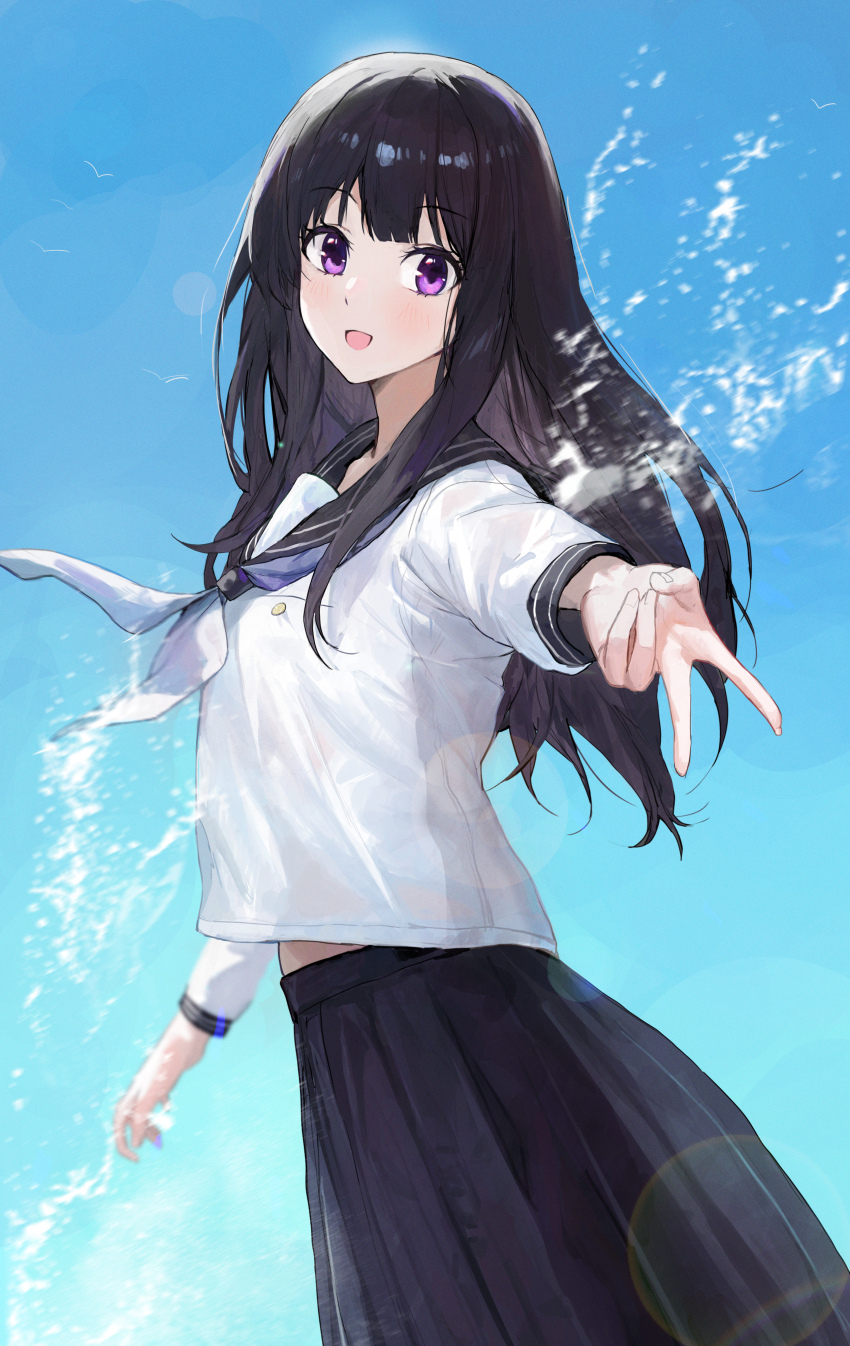1girl :d absurdres black_skirt blue_necktie blue_sky chitanda_eru day highres hyouka jianjia kyoto_animation long_sleeves looking_at_viewer necktie open_mouth outdoors pleated_skirt purple_eyes school_uniform serafuku shirt skirt sky smile white_shirt
