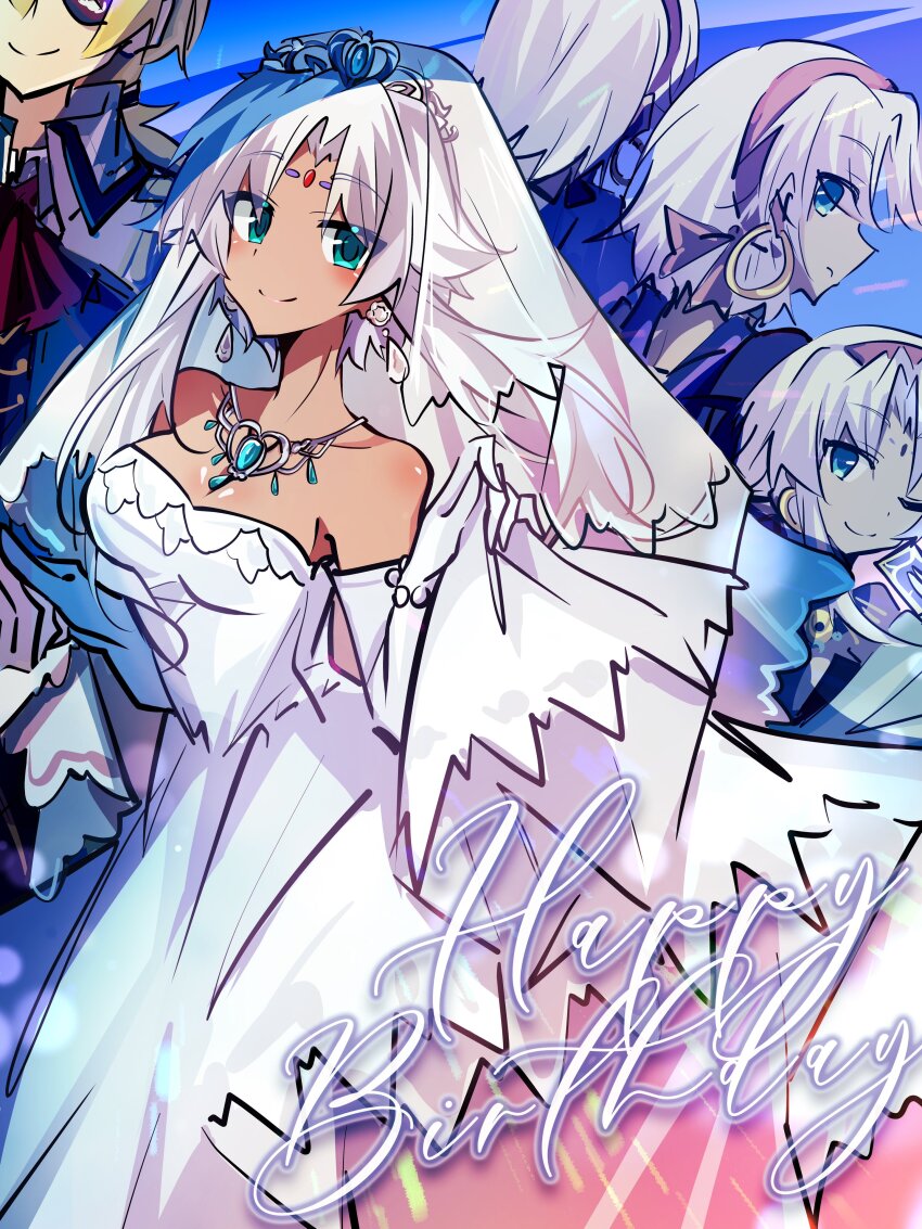 1boy 1girl 25ocoveryui absurdres ascot bare_shoulders blonde_hair breasts bridal_veil coat detached_sleeves dress earrings eiyuu_densetsu eyepatch green_eyes grey_hair happy_birthday highres hoop_earrings jewelry looking_at_viewer olivert_reise_arnor one_eye_closed out_of_frame scherazard_harvey sen_no_kiseki sen_no_kiseki_(series) sen_no_kiseki_iv strapless strapless_dress veil wedding_dress white_coat white_dress