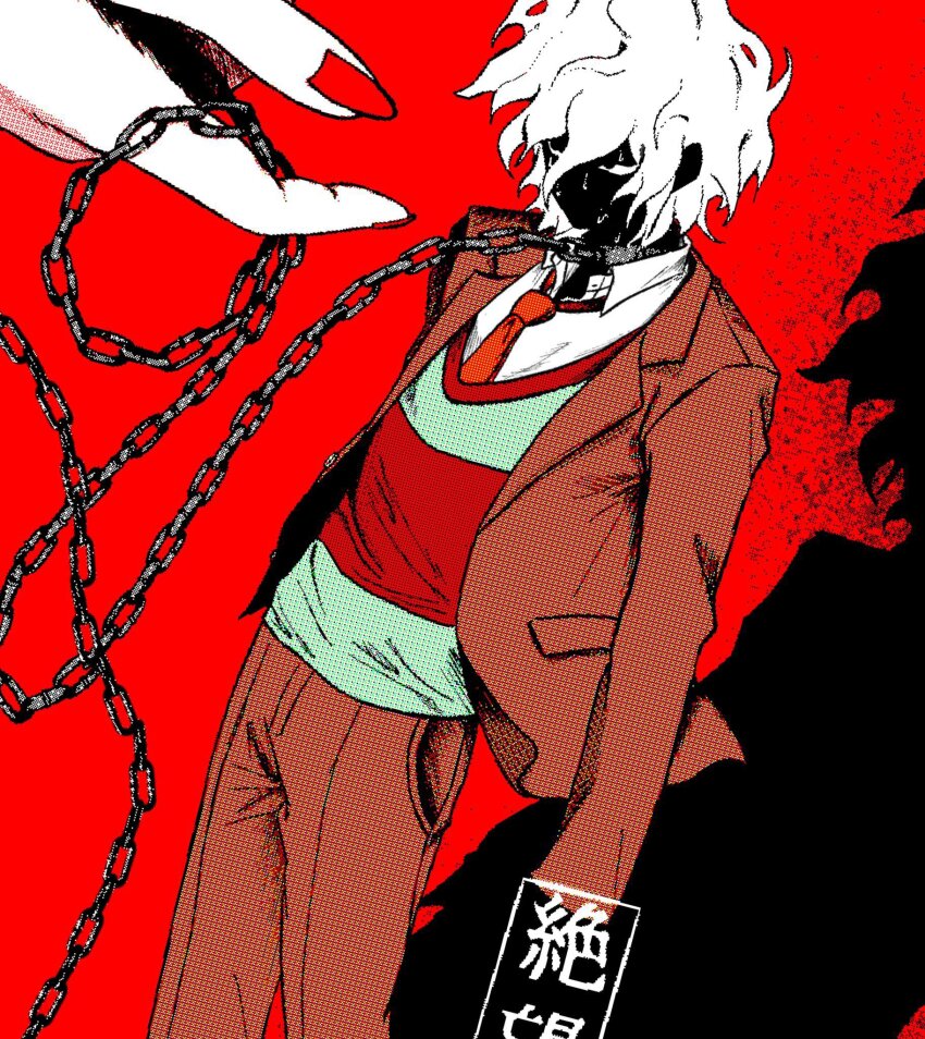 2boys black_eyes brown_suit chain chain_leash collar danganronpa_(series) danganronpa_2:_goodbye_despair dual_persona formal_clothes grey_hair highres holding holding_leash jacket komaeda_nagito leash male_focus metal_collar multiple_boys open_clothes open_jacket red_background red_nails shadow short_hair suit sweat uri_ka55