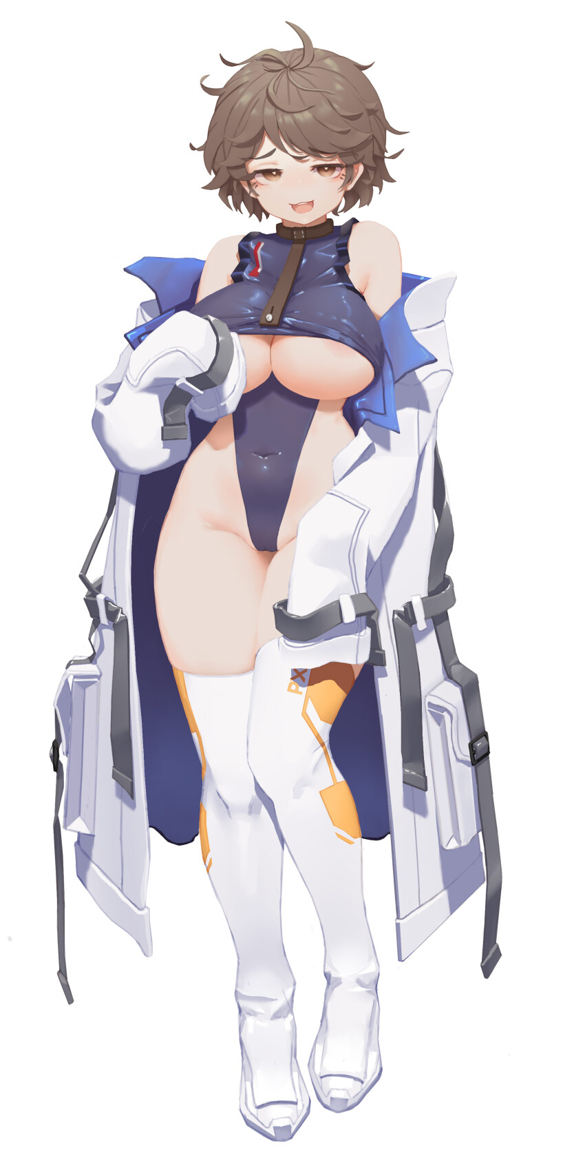 1girl absurdres areola_slip boots breasts brown_eyes brown_hair cameltoe clothing_cutout coat coat_partially_removed commentary covered_navel full_body greentree highleg highleg_leotard highres large_breasts last_origin leotard long_sleeves looking_at_viewer open_mouth purple_leotard short_hair silky_(last_origin) simple_background sleeves_past_fingers sleeves_past_wrists smile solo swept_bangs teeth thigh_boots underboob underboob_cutout upper_teeth_only white_background white_boots white_coat