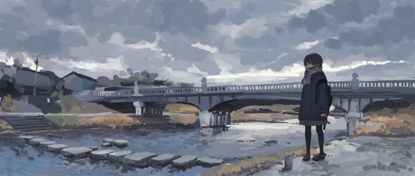 1girl 62_retas absurdres backpack bag black_coat black_hair black_pantyhose bridge building cat cloud cloudy_sky coat grey_scarf hands_in_pockets highres jacket long_sleeves looking_at_viewer original outdoors overcast pantyhose river scarf scenery shoes short_hair skirt sky sneakers solo standing thighhighs water wide_shot