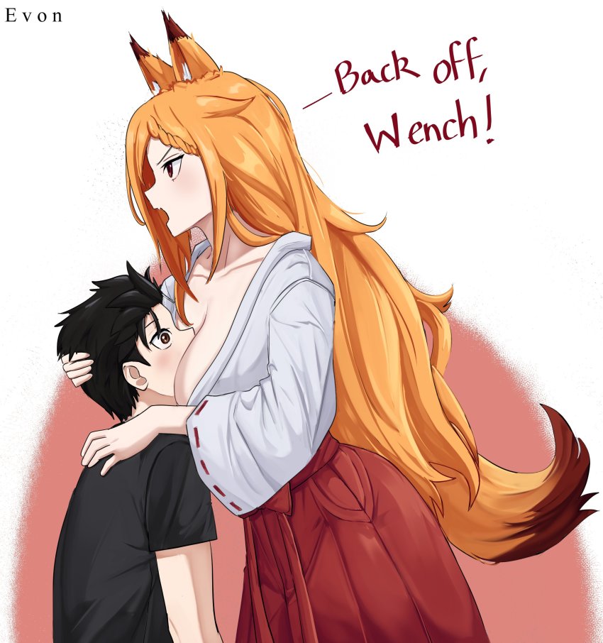 1boy 1girl absurdres akihitoevon animal_ears assertive_female between_breasts black_hair black_shirt breast_smother breasts brown_eyes cleavage evonakihito face_between_breasts face_to_breasts fox_ears fox_girl fox_tail hand_on_another&#039;s_head head_between_breasts highres japanese_clothes large_breasts long_hair miko natsuki_subaru orange_hair priscilla_barielle re:zero_kara_hajimeru_isekai_seikatsu red_eyes shirt smother tail wide-eyed