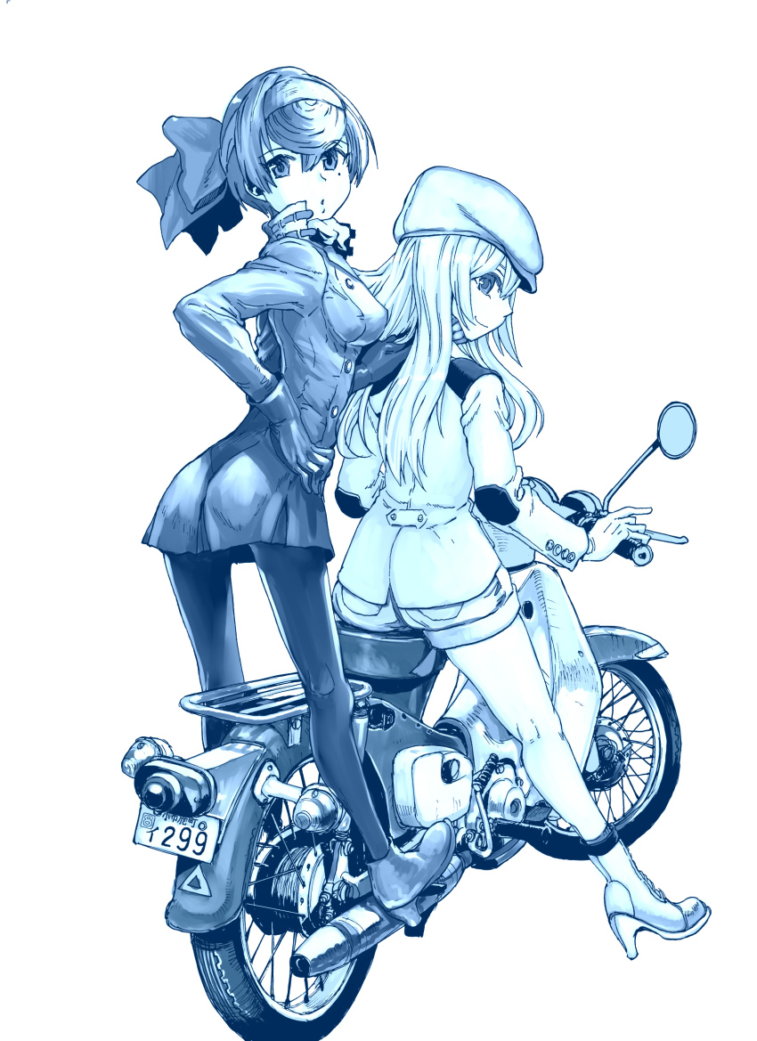 2girls :o absurdres ankle_boots blue_theme boots bow closed_mouth coat denim denim_shorts flat_cap from_behind full_body girls_und_panzer girls_und_panzer_ribbon_no_musha gloves hair_bow hand_on_own_hip hat headband high_heel_boots high_heels highres jacket long_hair long_sleeves looking_at_viewer looking_back matsukaze_rin monochrome motor_vehicle motorcycle multiple_girls nogami_takeshi noped pantyhose parted_lips riding short_hair short_shorts shorts simple_background smile socks standing swept_bangs tsuruki_shizuka white_background