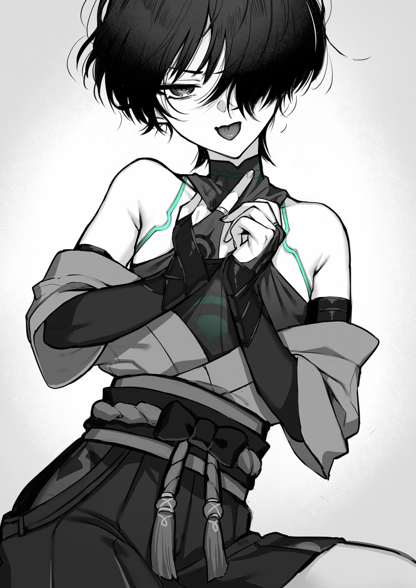 1boy armor armpit_crease bare_shoulders belt bodysuit bridal_gauntlets buku2_suisou genshin_impact glowing_markings hair_over_one_eye hakama hakama_shorts highres hip_vent japanese_armor japanese_clothes jewelry kimono kote looking_at_viewer loose_hair_strand male_focus mandarin_collar middle_finger middle_ring monochrome off_shoulder open_mouth own_hands_together parted_bangs ring rope sash scaramouche_(genshin_impact) shorts solo tassel tongue trap wanderer_(genshin_impact) white_background