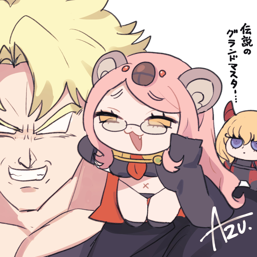 1girl 2boys animal_ears azu_(kirara310) bikini black_bikini black_bodysuit black_cape black_gloves blonde_hair blue_eyes bodysuit cape chibi chibi_on_shoulder clenched_teeth commentary demon_horns dragon_ball fang fate/final_journey fate/grand_order fate_(series) fujimaru_ritsuka_(male) glasses gloves hair_between_eyes hair_ornament hand_on_another&#039;s_face hand_up highres horns kirschtaria_wodime koala_ears koyanskaya_(fate) long_hair looking_at_another multiple_boys necktie official_alternate_costume open_mouth parted_bangs pink_hair red_horns red_necktie riyo_(lyomsnpmp)_(style) signature simple_background smile super_saiyan swimsuit tamamo_(fate) teeth translated white_background yellow_eyes