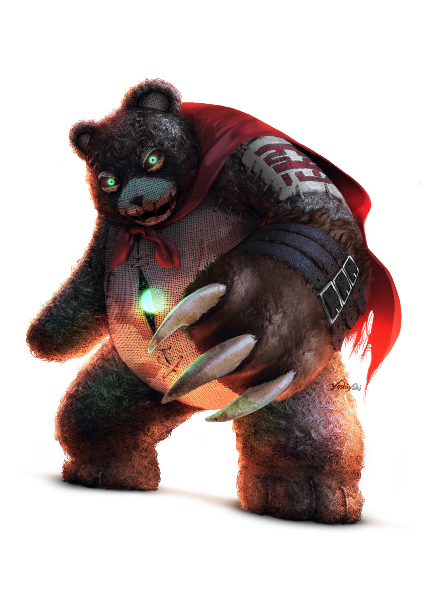 cape cassio_yoshiyaki claws colored_sclera digimon digimon_(creature) glowing glowing_eyes green_eyes highres red_sclera signature simple_background solo stuffed_animal stuffed_toy teddy_bear warumonzaemon white_background