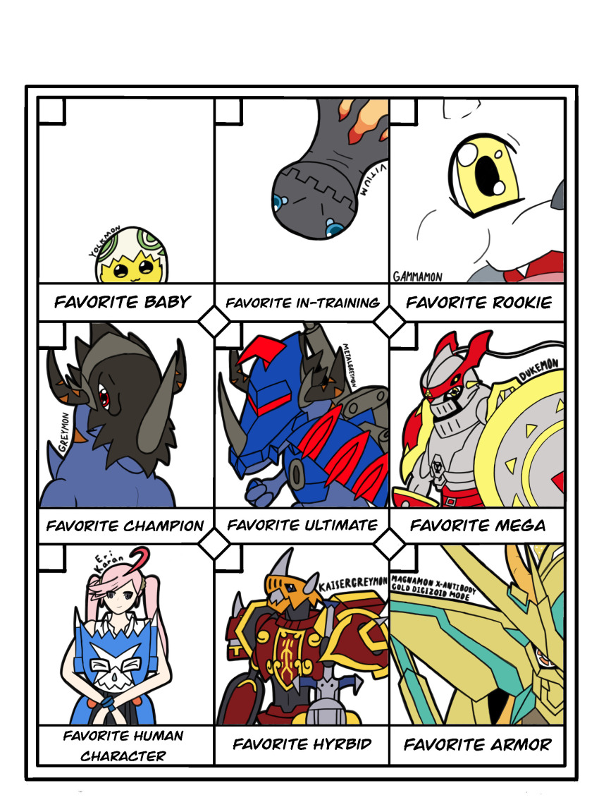 absurdres armor digimon digimon_(creature) dokamon dukemon full_armor gammamon greymon_(digimon_xros_wars) highres horns kaisergreymon karan_eri looking_at_viewer magnamon magnamon_x-antibody magnamon_x-antibody_gold_digizoid_mode metalgreymon_(digimon_xros_wars) red_eyes vitium_baby yolkmon