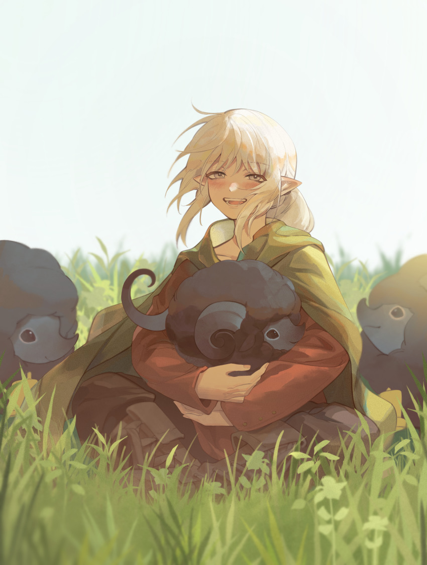 1boy aged_down animal animal_on_lap black_boots black_pants black_sheep blue_sky blush boots cape child chinese_commentary clear_sky collarbone commentary_request curled_horns curled_tail day dundonggirl elezen elf estinien_varlineau final_fantasy final_fantasy_xiv floating_hair full_body grass green_cape grey_eyes highres holding holding_animal horns indian_style knee_boots looking_at_viewer male_focus medium_hair on_grass on_lap open_mouth outdoors pants pointy_ears ponytail red_shirt sheep shirt sitting sky smile solo white_hair wind
