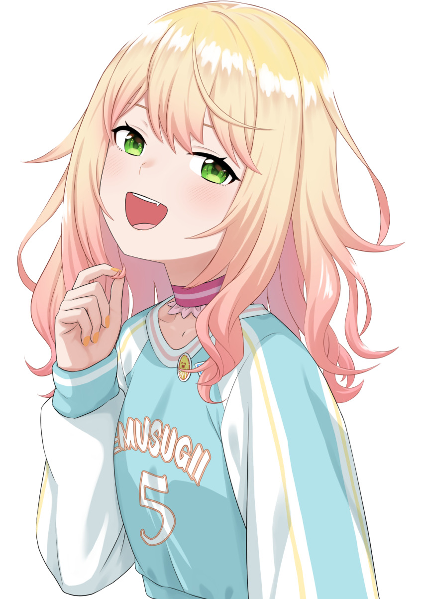 1girl blonde_hair blue_shirt blush choker clothes_writing commentary_request fang frilled_choker frills gradient_hair green_eyes highres hololive long_hair long_sleeves looking_at_viewer looking_to_the_side momosuzu_nene momosuzu_nene_(cheerleader) multicolored_hair nail_polish number_print official_alternate_costume official_alternate_hairstyle open_mouth orange_nails pink_choker pink_hair rainna shirt simple_background smile solo swept_bangs teeth twirling_hair upper_body upper_teeth_only virtual_youtuber white_background