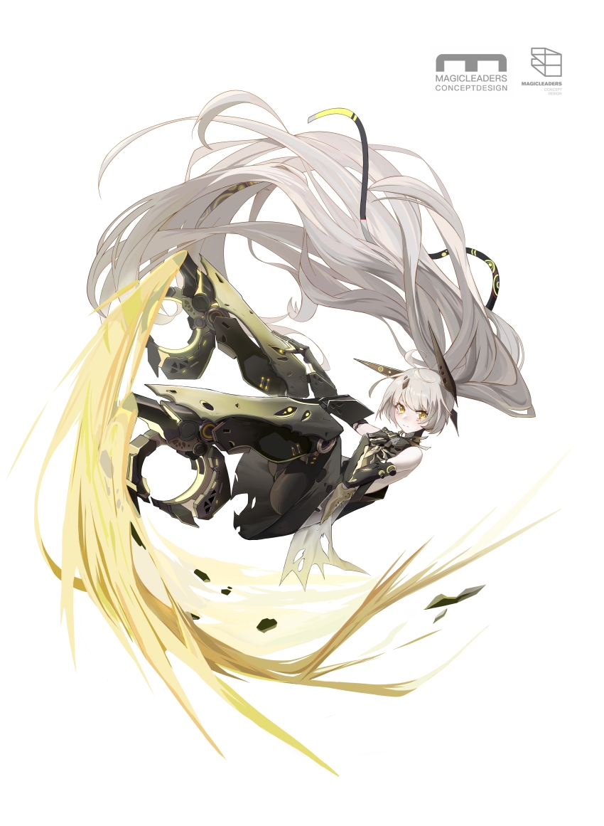 1girl absurdres ahoge ass_peek backless_dress backless_outfit black_dress black_pantyhose chinese_commentary commentary debris dress freckles grey_hair hand_on_own_chest hand_on_own_leg headgear highres joints long_hair looking_at_viewer magicleaders mechanical_hands mechanical_legs midair nanami:_pulse_(shooting_star)_(pgr) nanami_(pgr) official_alternate_costume pantyhose punishing:_gray_raven redpower robot_joints roller_shoes shoes simple_background sleeveless sleeveless_dress solo tachi-e torn_clothes torn_dress very_long_hair white_background yellow_eyes yellow_fire