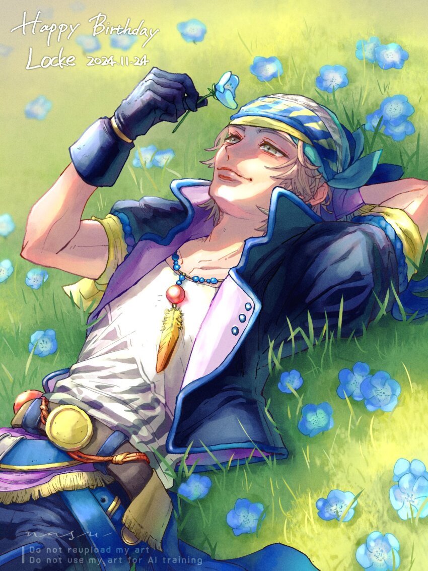 1boy arm_behind_head artist_name belt black_gloves black_jacket black_pants blue_flower character_name dated eakanasu final_fantasy final_fantasy_vi flower forget-me-not_(flower) gloves grass grey_eyes grey_hair happy_birthday headscarf highres holding holding_flower jacket jewelry locke_cole lying male_focus necklace on_back outdoors pants parted_bangs shirt short_hair smile solo upper_body white_shirt