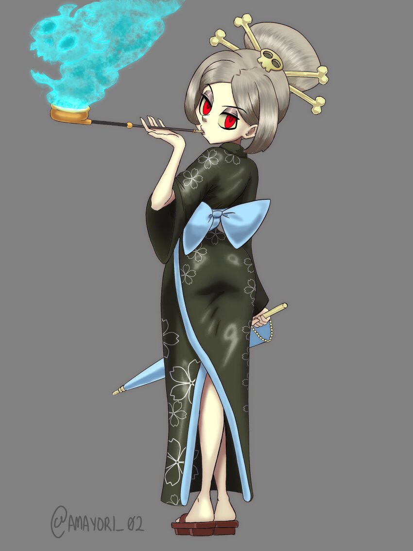 1girl 4m4y0r1 alternate_costume alternate_hairstyle bloody_marie_(skullgirls) bone_hair_ornament eyeshadow fire full_body geta grey_background grey_hair hair_bun hair_ornament holding holding_umbrella japanese_clothes kimono looking_at_viewer looking_back makeup parasol red_eyes skullgirls smoke smoking smoking_pipe solo umbrella