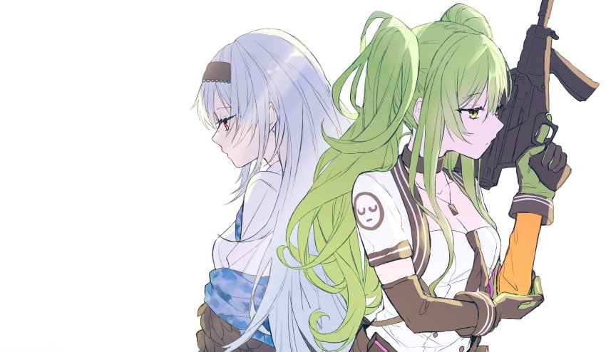 2girls bad_id bad_twitter_id black_hairband black_neckwear calico_light_weapons_systems calico_m950 calico_m950a cheek_pistol closed_mouth double-stack_magazine elbow_gloves girls&#039;_frontline gloves green_hair gun hairband handgun helical_magazine high-capacity_magazine highres holding holding_gun holding_weapon jewelry kunoki_toki long_hair m950a_(girls&#039;_frontline) machine_pistol multiple_girls necklace pistol red_eyes short_sleeves silver_hair simple_background stubby_grip submachine_gun thunder_(girls&#039;_frontline) twintails upper_body vertical_forward_grip weapon white_background yellow_eyes