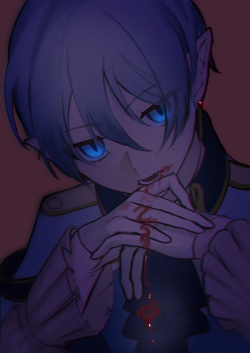 1girl absurdres androgynous blood blood_on_clothes blood_on_face blood_on_hands blue_eyes collared_shirt earrings gem grey_hair highres jewelry looking_at_viewer official_alternate_costume official_alternate_hair_length official_alternate_hairstyle ouji_fashion project_sekai red_brooch red_gemstone relax_teatime_(project_sekai) sha_(pixiv43383161) shirt short_hair simple_background solo vest white_hair yoisaki_kanade