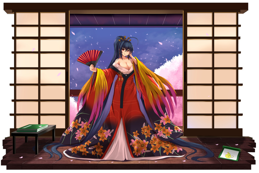 1girl ahoge architecture azur_lane black_hair book breasts cherry_blossoms collarbone crossed_bangs east_asian_architecture feathers folding_fan hand_fan highres hiki_furisode japanese_clothes kanzaki_kureha large_breasts long_hair off_shoulder petals ponytail red_eyes scroll sliding_doors solo standing taihou_(azur_lane) wooden_floor