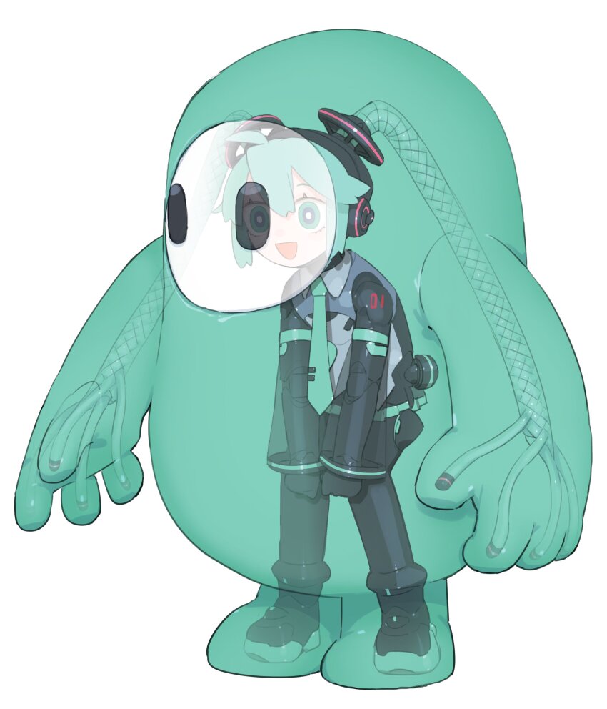 1girl absurdres adapted_costume aqua_eyes aqua_hair aqua_necktie bare_shoulders black_boots black_gloves black_skirt black_sleeves boots bright_pupils cable_hair cheri_zao collared_shirt commentary fall_guy fall_guys from_above gloves grey_shirt hatsune_miku highres long_hair looking_at_viewer mascot_costume necktie number_tattoo open_mouth proto_miku_(cheri_zao) robot_girl see-through_clothes see-through_sleeves shadow shirt shoulder_tattoo simple_background skirt solo tattoo thigh_boots twintails very_long_hair vocaloid white_background