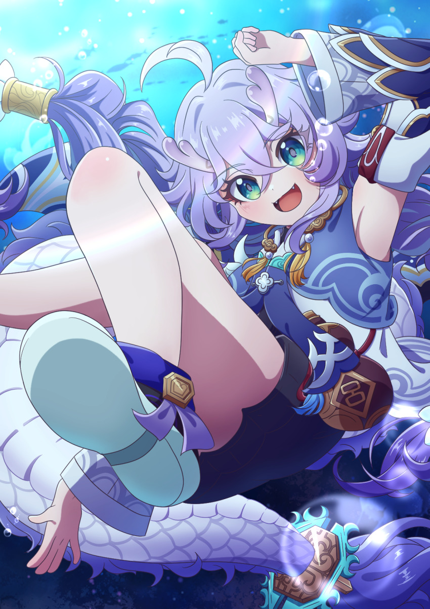 1girl ahoge aqua_hair arm_up armpits ass bailu_(honkai:_star_rail) bare_legs blush braid chinese_clothes detached_sleeves dragon_girl dragon_horns dragon_tail eastern_dragon_horns eastern_dragon_tail gourd green_eyes hair_between_eyes highres honkai:_star_rail honkai_(series) horns long_hair looking_at_viewer open_mouth single_braid smile solo tail underwater wrzu4543
